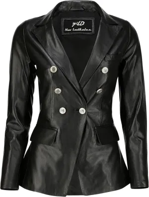 Jild Double Breasted Fancy Buttons Lambskin Leather Blazer Women - Kim Kardashian Long Sleeve Coat Style Leather Jacket Women