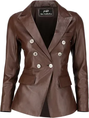 Jild Double Breasted Fancy Buttons Lambskin Leather Blazer Women - Kim Kardashian Long Sleeve Coat Style Leather Jacket Women