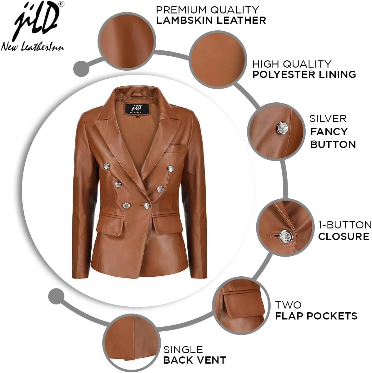 Jild Double Breasted Fancy Buttons Lambskin Leather Blazer Women - Kim Kardashian Long Sleeve Coat Style Leather Jacket Women