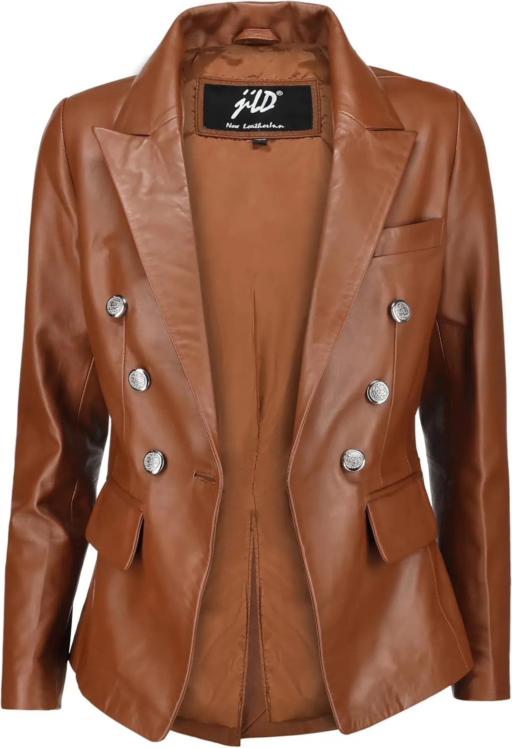 Jild Double Breasted Fancy Buttons Lambskin Leather Blazer Women - Kim Kardashian Long Sleeve Coat Style Leather Jacket Women