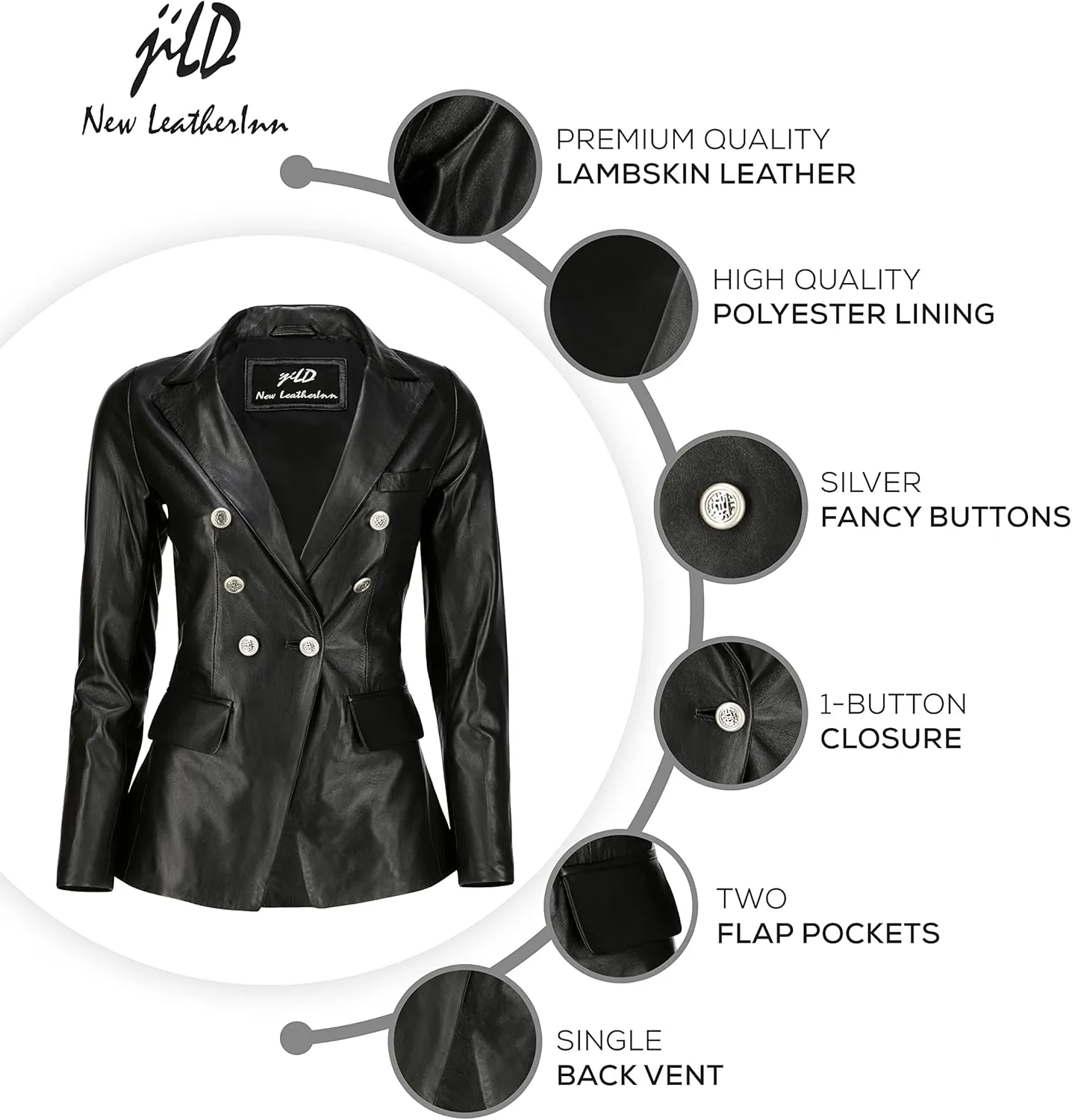 Jild Double Breasted Fancy Buttons Lambskin Leather Blazer Women - Kim Kardashian Long Sleeve Coat Style Leather Jacket Women