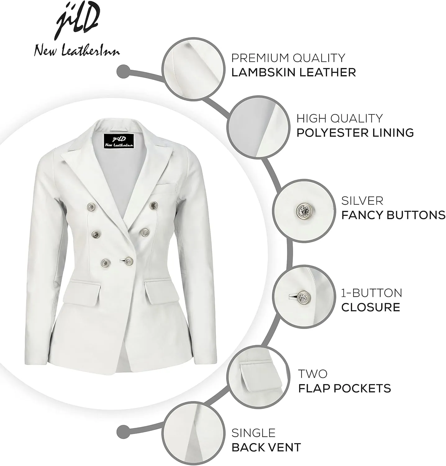 Jild Double Breasted Fancy Buttons Lambskin Leather Blazer Women - Kim Kardashian Long Sleeve Coat Style Leather Jacket Women
