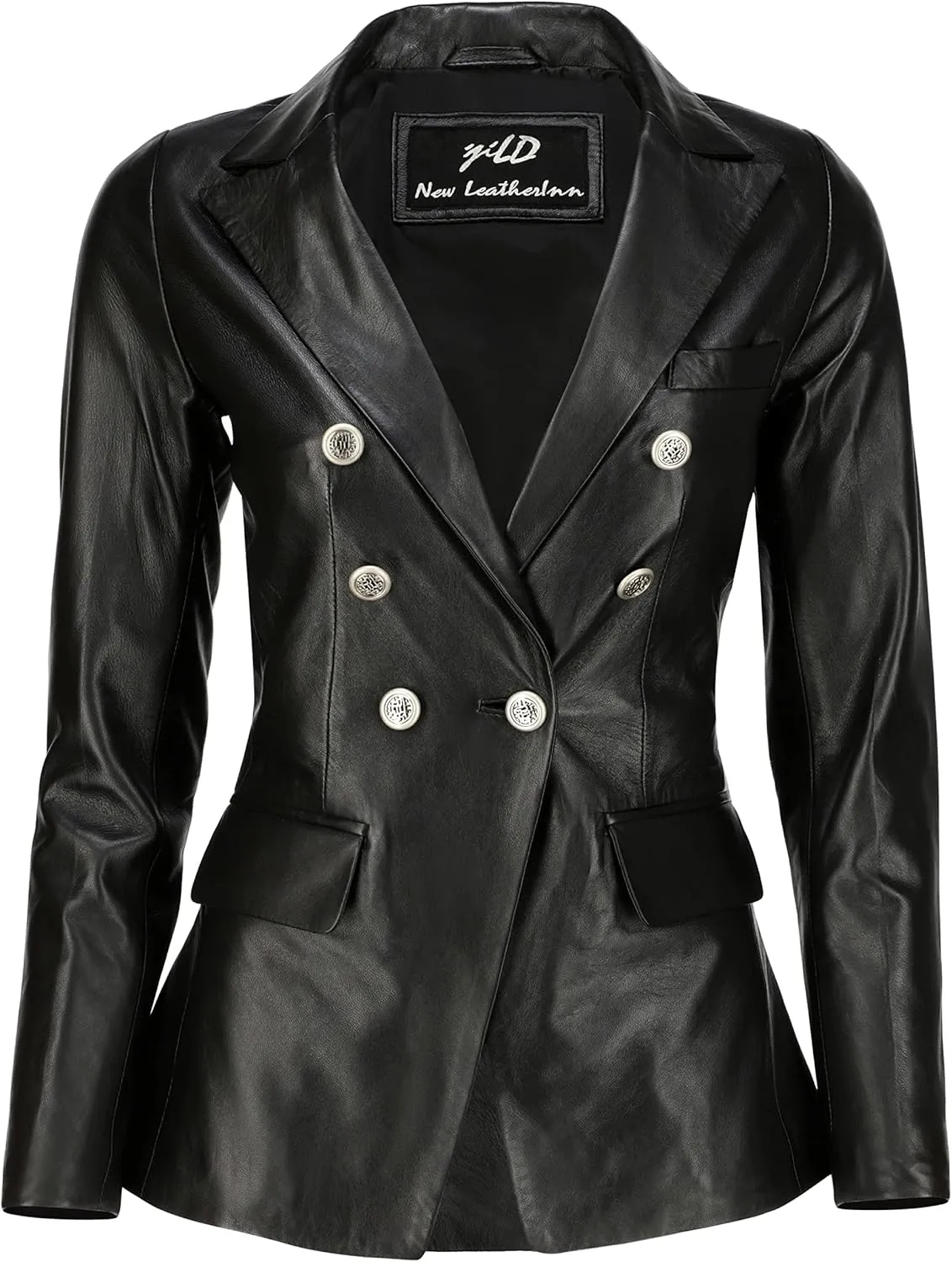 Jild Double Breasted Fancy Buttons Lambskin Leather Blazer Women - Kim Kardashian Long Sleeve Coat Style Leather Jacket Women