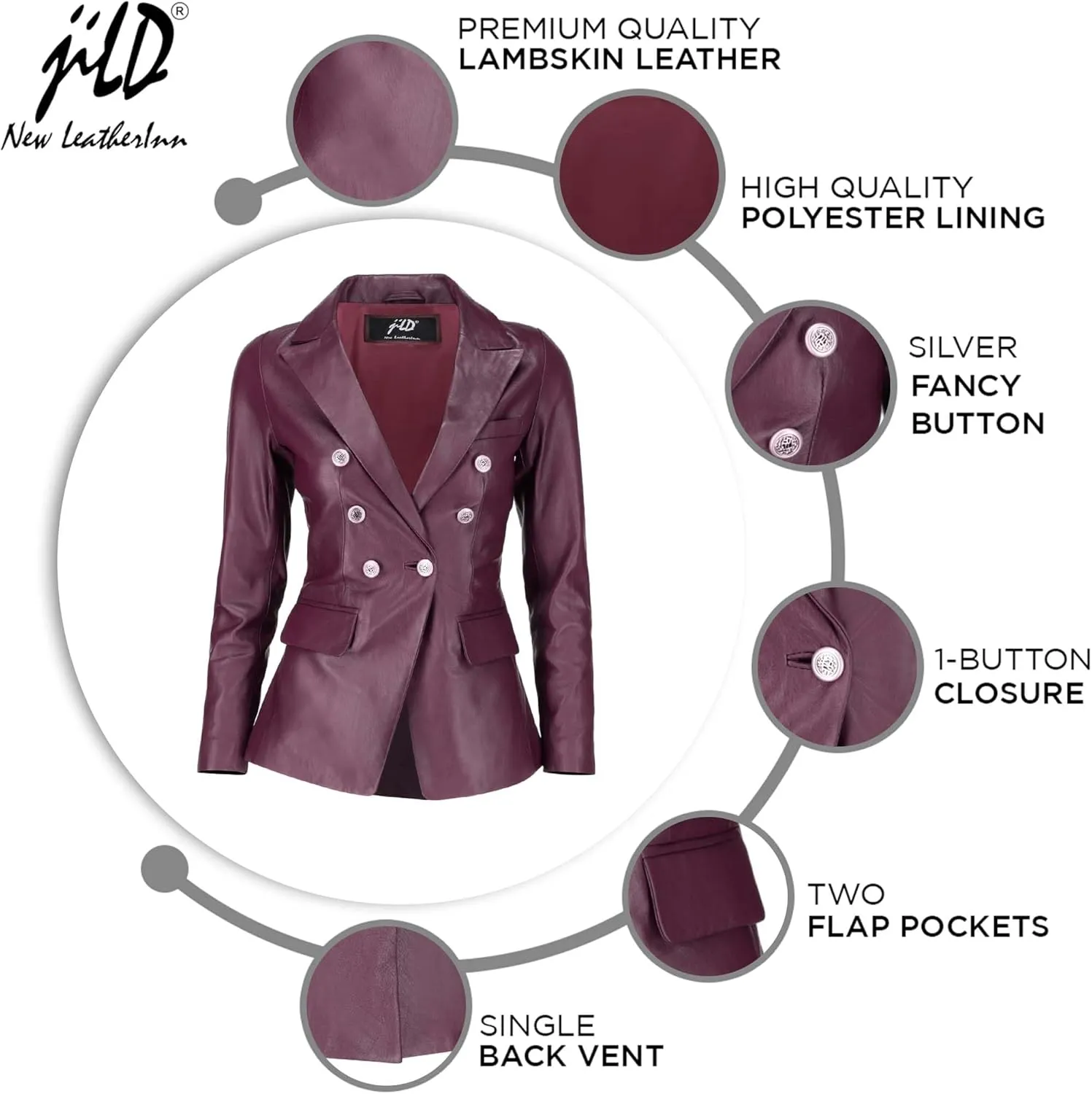 Jild Double Breasted Fancy Buttons Lambskin Leather Blazer Women - Kim Kardashian Long Sleeve Coat Style Leather Jacket Women