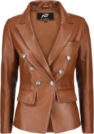 Jild Double Breasted Fancy Buttons Lambskin Leather Blazer Women - Kim Kardashian Long Sleeve Coat Style Leather Jacket Women