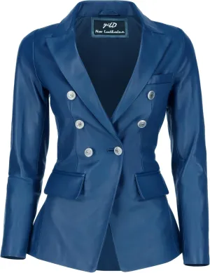 Jild Double Breasted Fancy Buttons Lambskin Leather Blazer Women - Kim Kardashian Long Sleeve Coat Style Leather Jacket Women