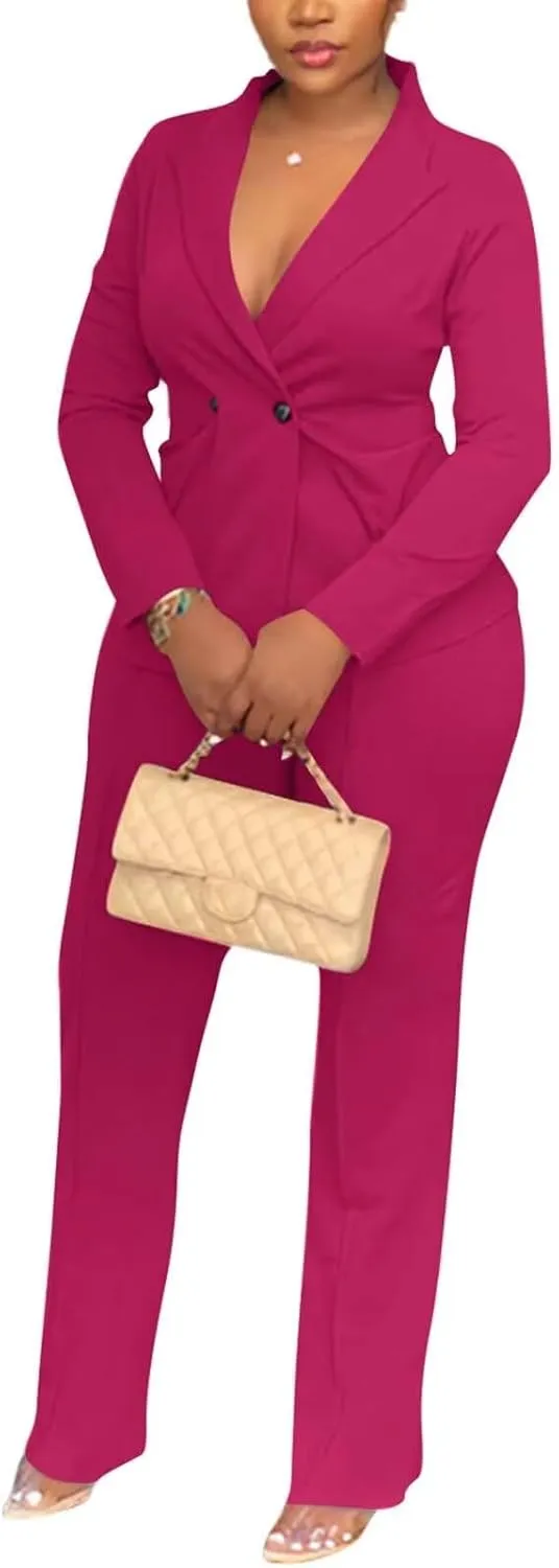 Kafiloe Women Double Breasted Blazer Pants Suit 2 Piece Outfits Casual Long Sleeve Blazer Set for Work Business