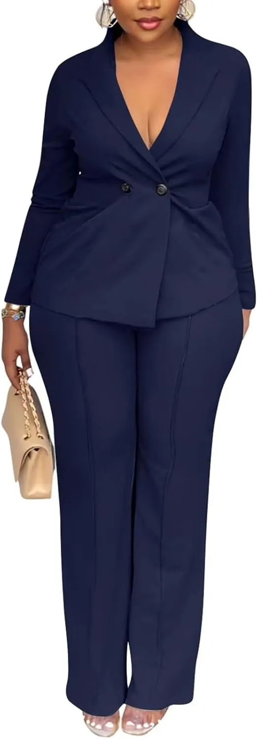Kafiloe Women Double Breasted Blazer Pants Suit 2 Piece Outfits Casual Long Sleeve Blazer Set for Work Business