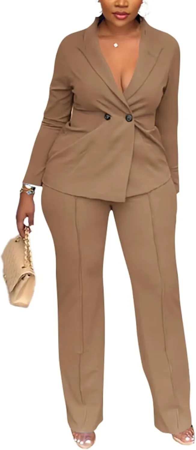 Kafiloe Women Double Breasted Blazer Pants Suit 2 Piece Outfits Casual Long Sleeve Blazer Set for Work Business