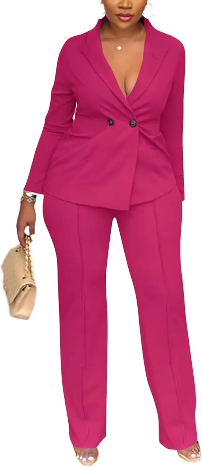 Kafiloe Women Double Breasted Blazer Pants Suit 2 Piece Outfits Casual Long Sleeve Blazer Set for Work Business