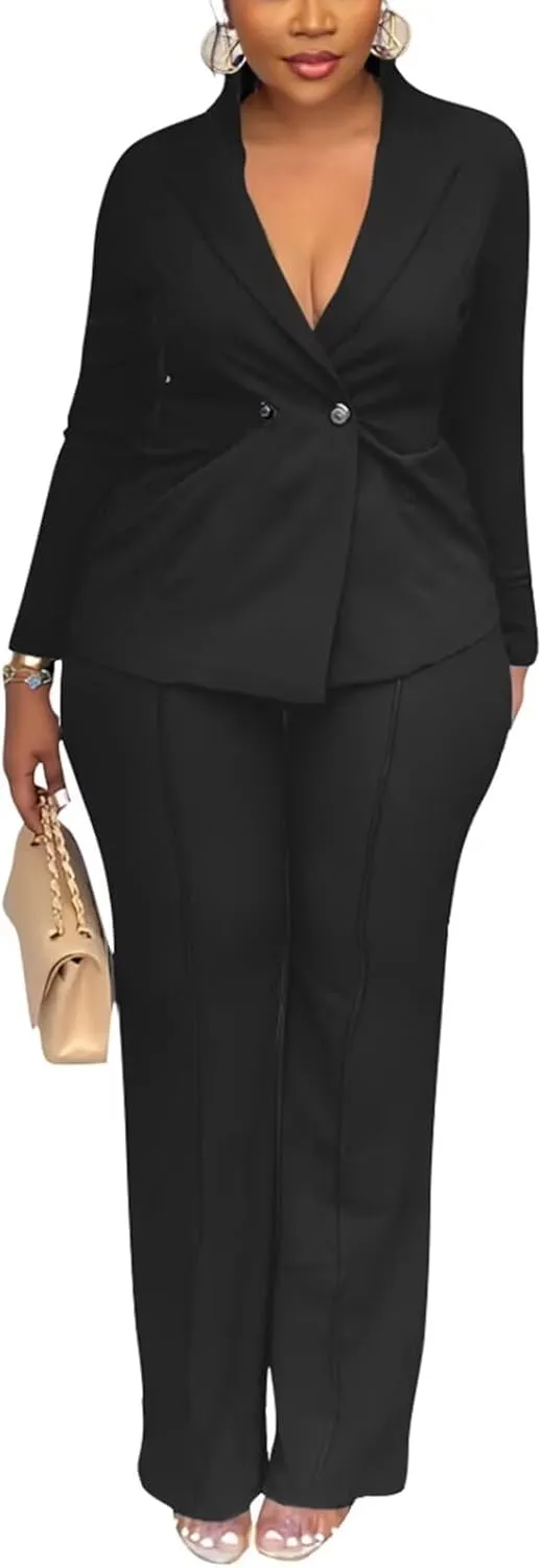 Kafiloe Women Double Breasted Blazer Pants Suit 2 Piece Outfits Casual Long Sleeve Blazer Set for Work Business