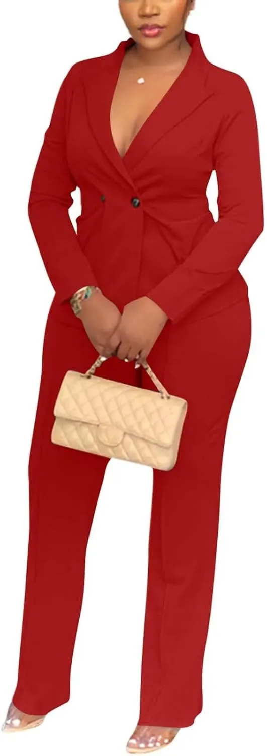 Kafiloe Women Double Breasted Blazer Pants Suit 2 Piece Outfits Casual Long Sleeve Blazer Set for Work Business