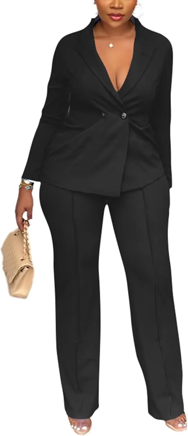 Kafiloe Women Double Breasted Blazer Pants Suit 2 Piece Outfits Casual Long Sleeve Blazer Set for Work Business