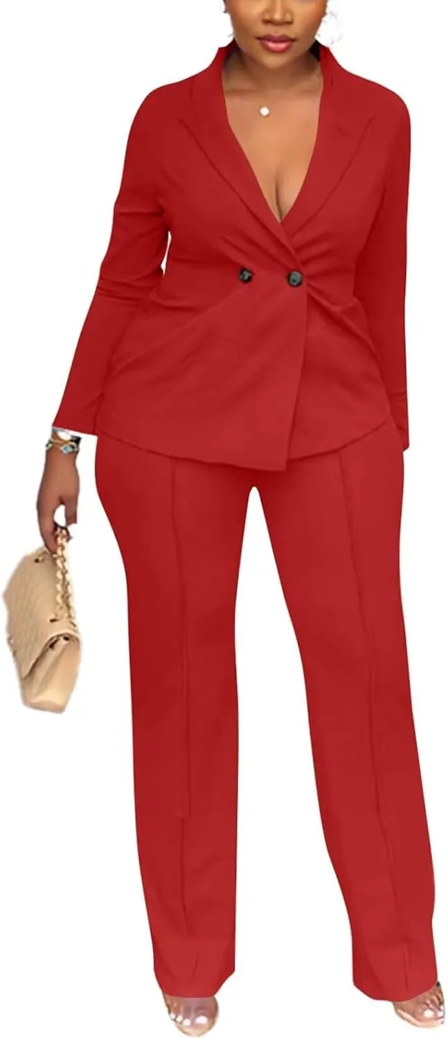 Kafiloe Women Double Breasted Blazer Pants Suit 2 Piece Outfits Casual Long Sleeve Blazer Set for Work Business