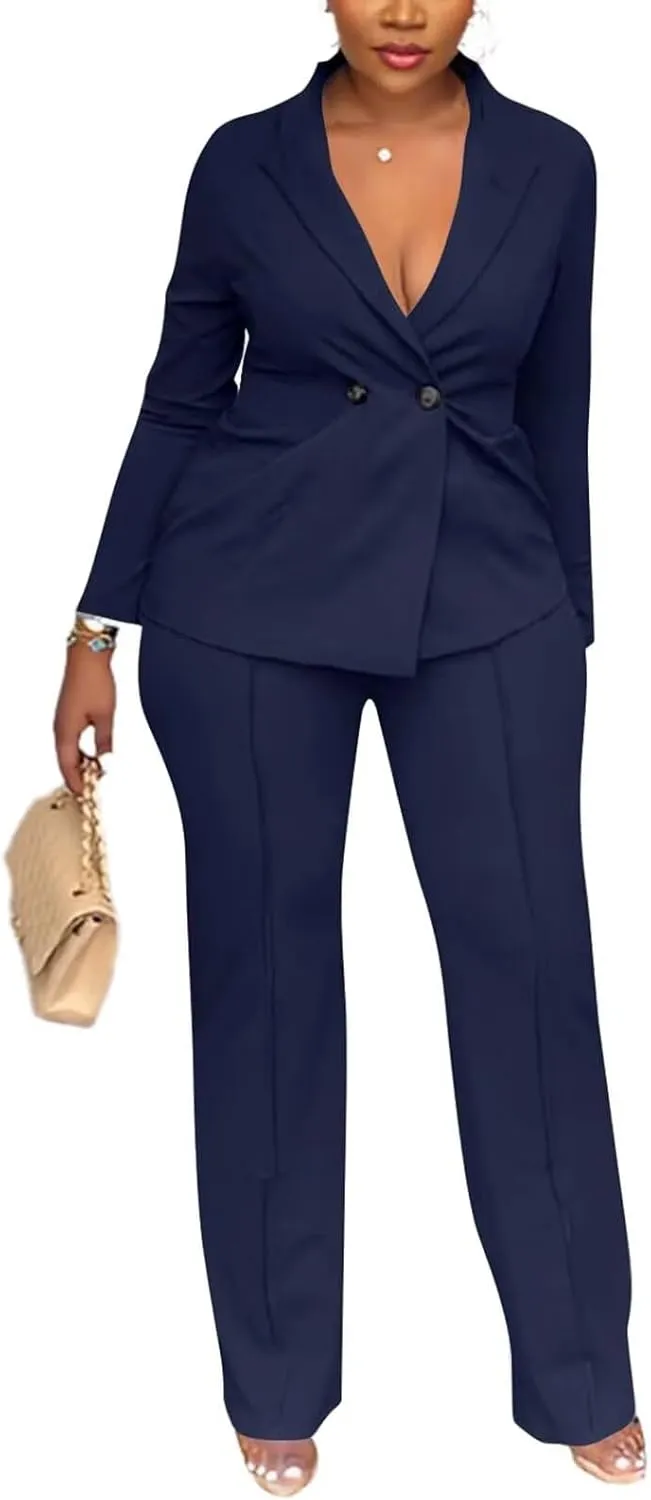 Kafiloe Women Double Breasted Blazer Pants Suit 2 Piece Outfits Casual Long Sleeve Blazer Set for Work Business