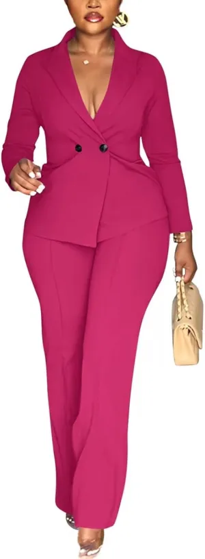Kafiloe Women Double Breasted Blazer Pants Suit 2 Piece Outfits Casual Long Sleeve Blazer Set for Work Business