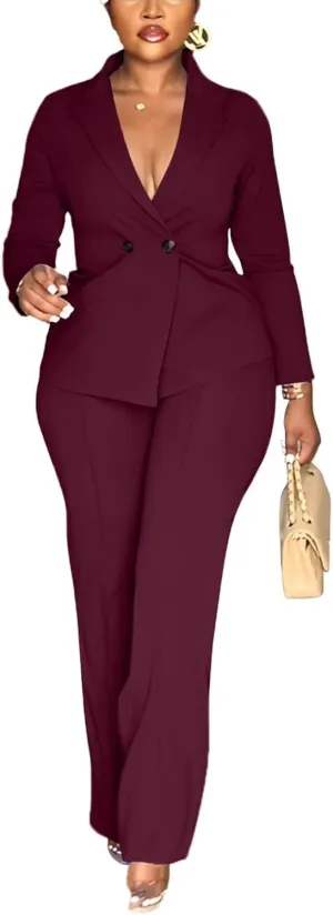 Kafiloe Women Double Breasted Blazer Pants Suit 2 Piece Outfits Casual Long Sleeve Blazer Set for Work Business