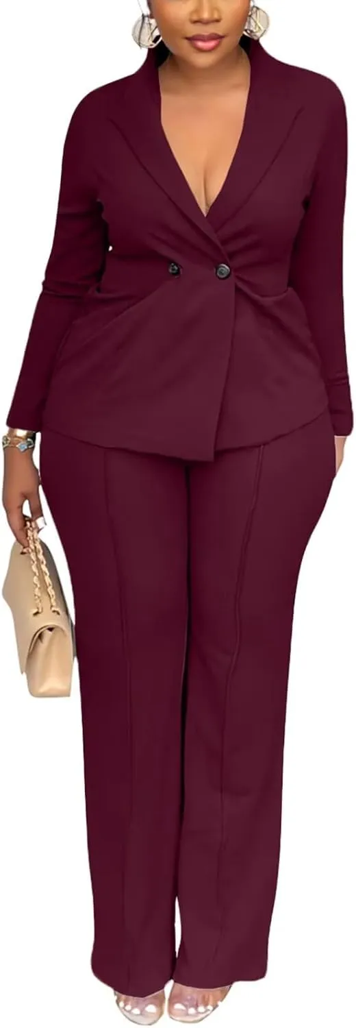 Kafiloe Women Double Breasted Blazer Pants Suit 2 Piece Outfits Casual Long Sleeve Blazer Set for Work Business