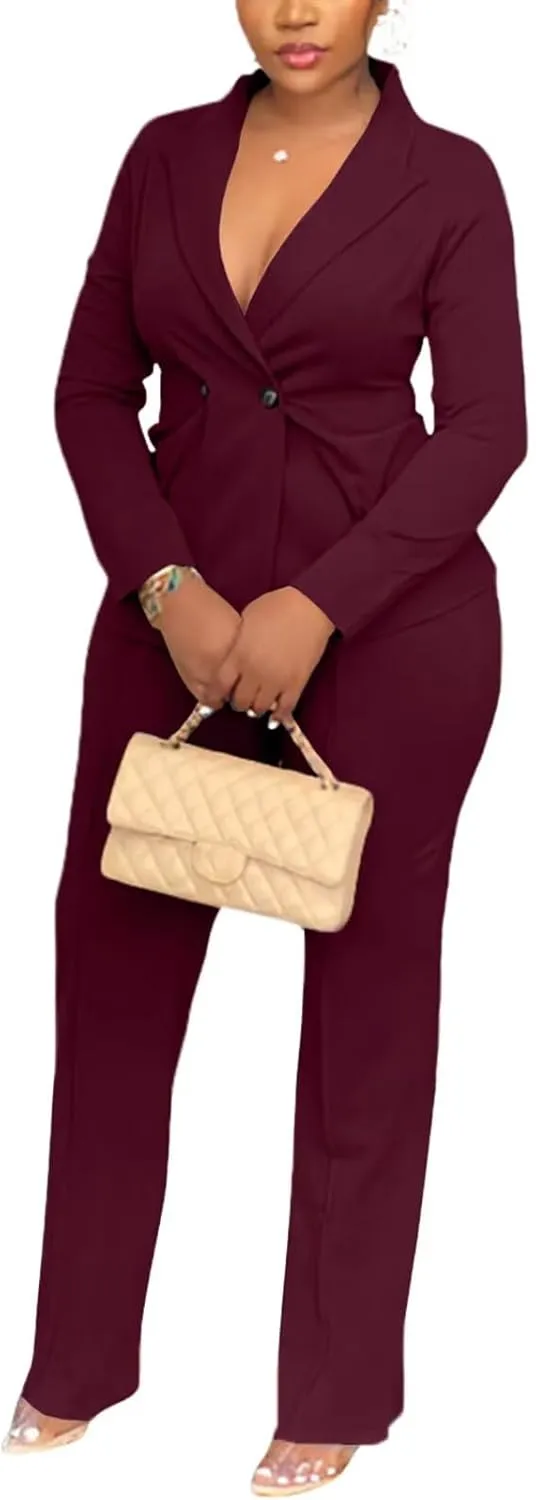 Kafiloe Women Double Breasted Blazer Pants Suit 2 Piece Outfits Casual Long Sleeve Blazer Set for Work Business