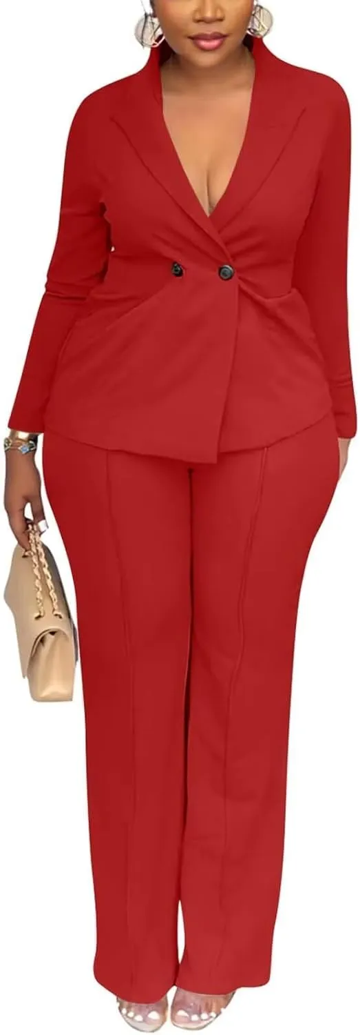 Kafiloe Women Double Breasted Blazer Pants Suit 2 Piece Outfits Casual Long Sleeve Blazer Set for Work Business