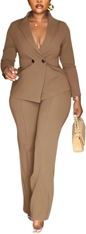 Kafiloe Women Double Breasted Blazer Pants Suit 2 Piece Outfits Casual Long Sleeve Blazer Set for Work Business