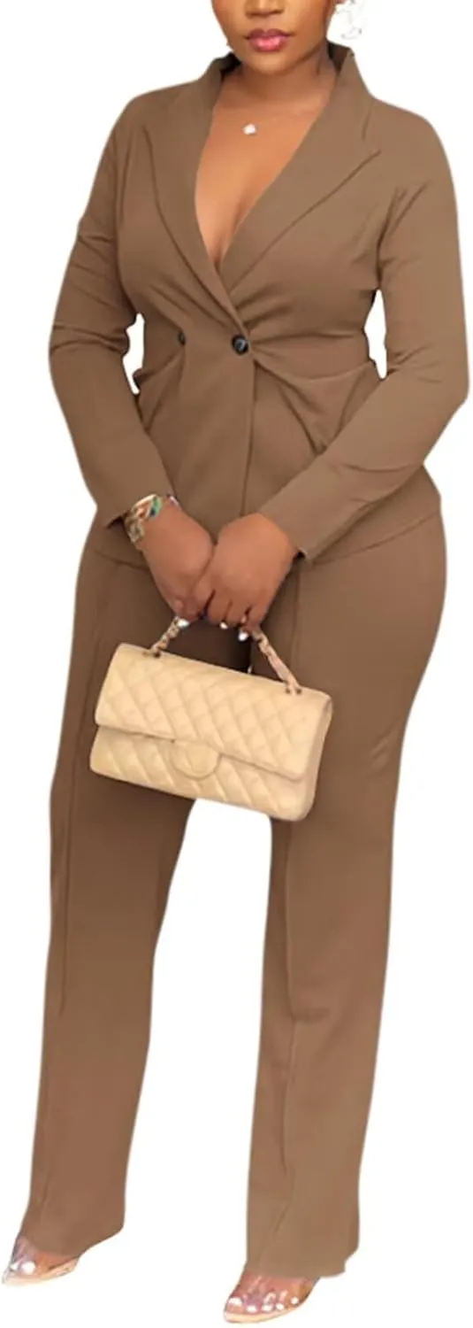 Kafiloe Women Double Breasted Blazer Pants Suit 2 Piece Outfits Casual Long Sleeve Blazer Set for Work Business