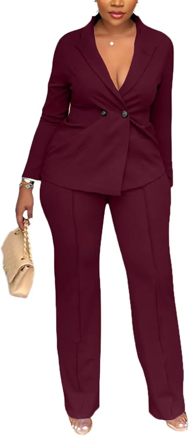 Kafiloe Women Double Breasted Blazer Pants Suit 2 Piece Outfits Casual Long Sleeve Blazer Set for Work Business