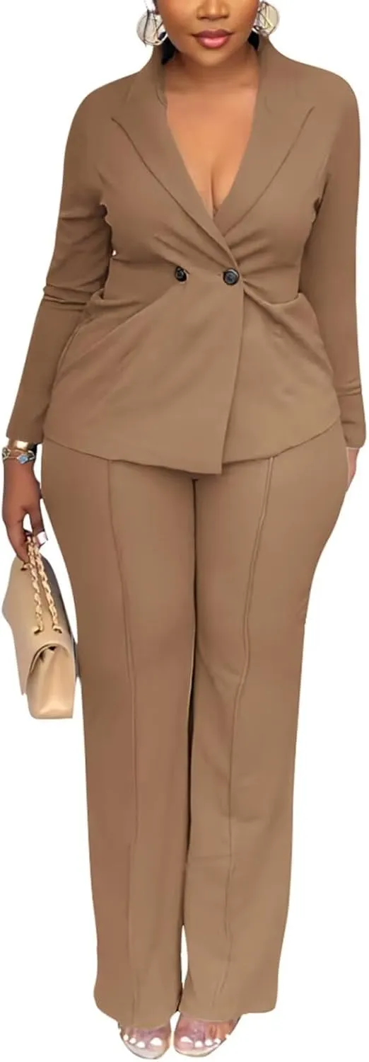 Kafiloe Women Double Breasted Blazer Pants Suit 2 Piece Outfits Casual Long Sleeve Blazer Set for Work Business