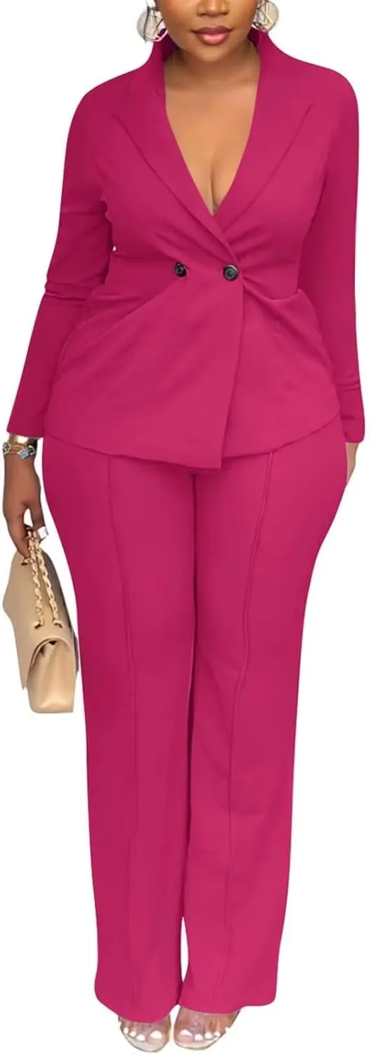 Kafiloe Women Double Breasted Blazer Pants Suit 2 Piece Outfits Casual Long Sleeve Blazer Set for Work Business