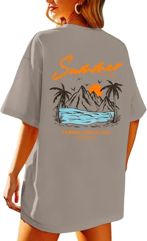 KEEVICI California T Shirt Beach Oversized Graphic Tees for Women Vintage Adventure Shirts Baggy Summer Cotton Vacation Tops
