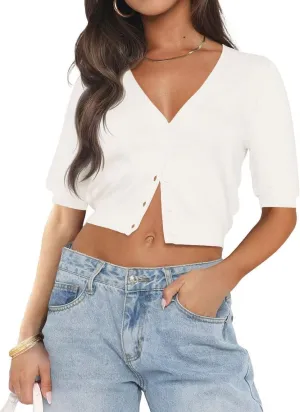 LEEDYA Summer Cardigans for Women Lightweight Short Sleeve Open Front Knit Cropped Sweaters V Neck Button Up Bolero Shrug Top