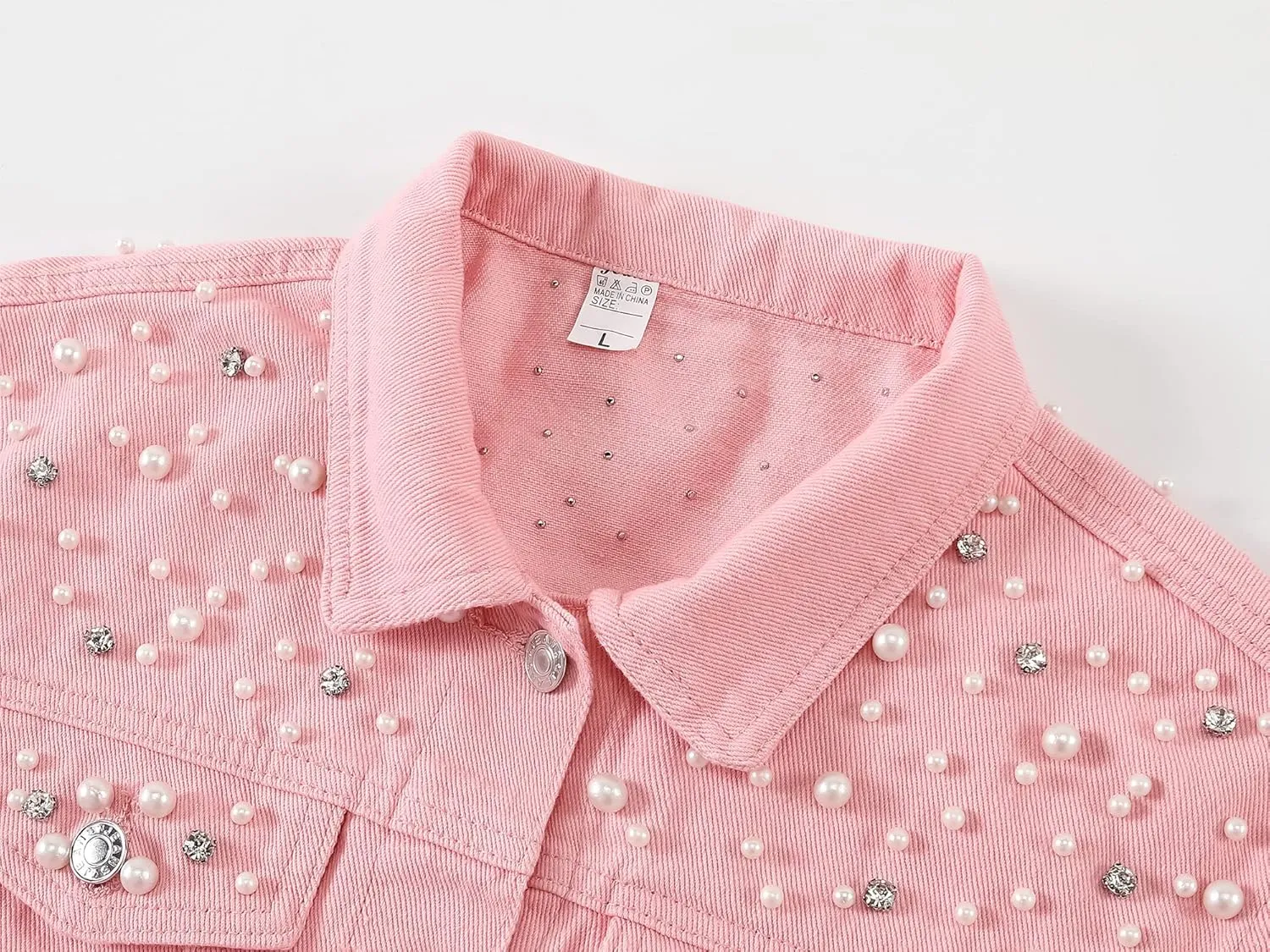 LifeShe Women's Pearls Denim Jacket Cropped Rhinestones Jean Jacket Coat