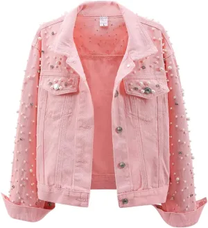 LifeShe Women's Pearls Denim Jacket Cropped Rhinestones Jean Jacket Coat