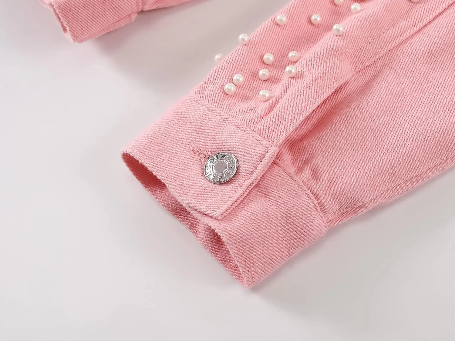 LifeShe Women's Pearls Denim Jacket Cropped Rhinestones Jean Jacket Coat