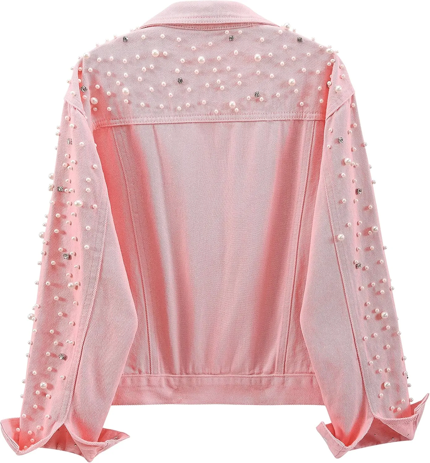 LifeShe Women's Pearls Denim Jacket Cropped Rhinestones Jean Jacket Coat