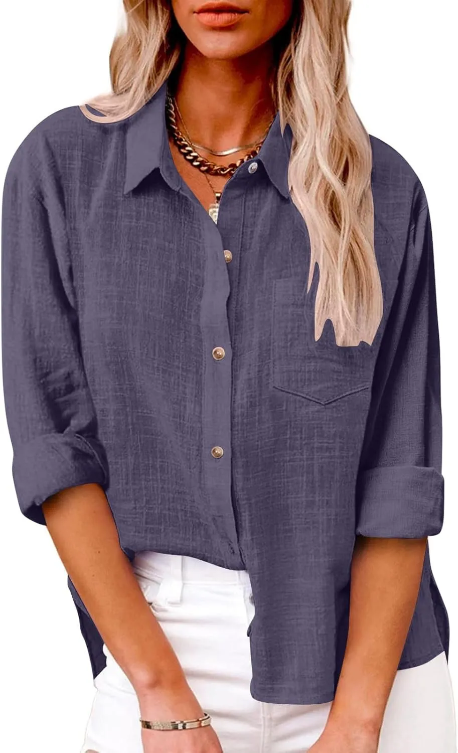 Linen Shirts for Women Summer Long Sleeve Lapel Button Down Shirt Lightweight Gauze Tops Loose Casual Blouses Clothes