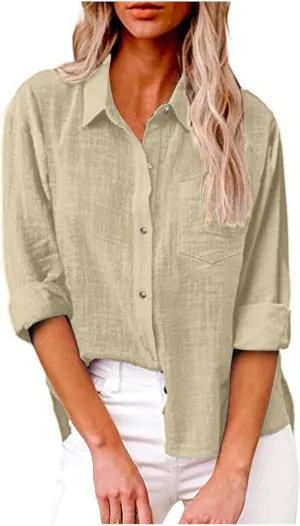 Linen Shirts for Women Summer Long Sleeve Lapel Button Down Shirt Lightweight Gauze Tops Loose Casual Blouses Clothes