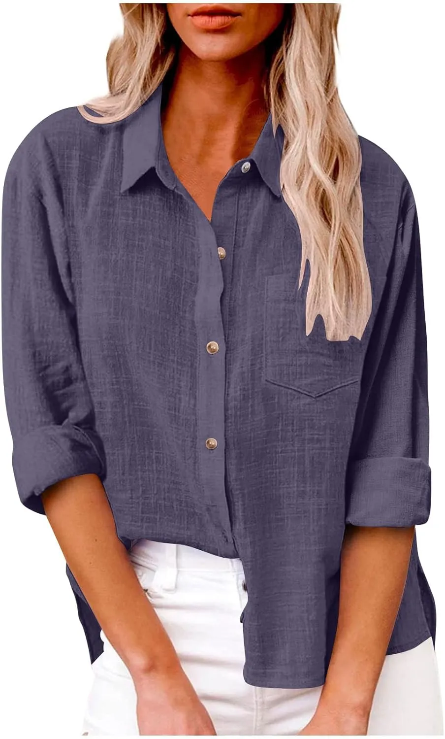 Linen Shirts for Women Summer Long Sleeve Lapel Button Down Shirt Lightweight Gauze Tops Loose Casual Blouses Clothes