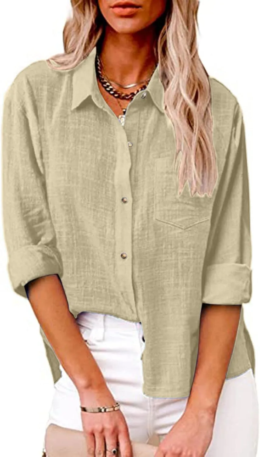 Linen Shirts for Women Summer Long Sleeve Lapel Button Down Shirt Lightweight Gauze Tops Loose Casual Blouses Clothes