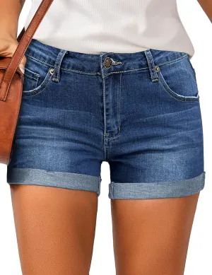 LookbookStore Women's High Waisted Rolled Hem Distressed Jeans Ripped Denim Shorts