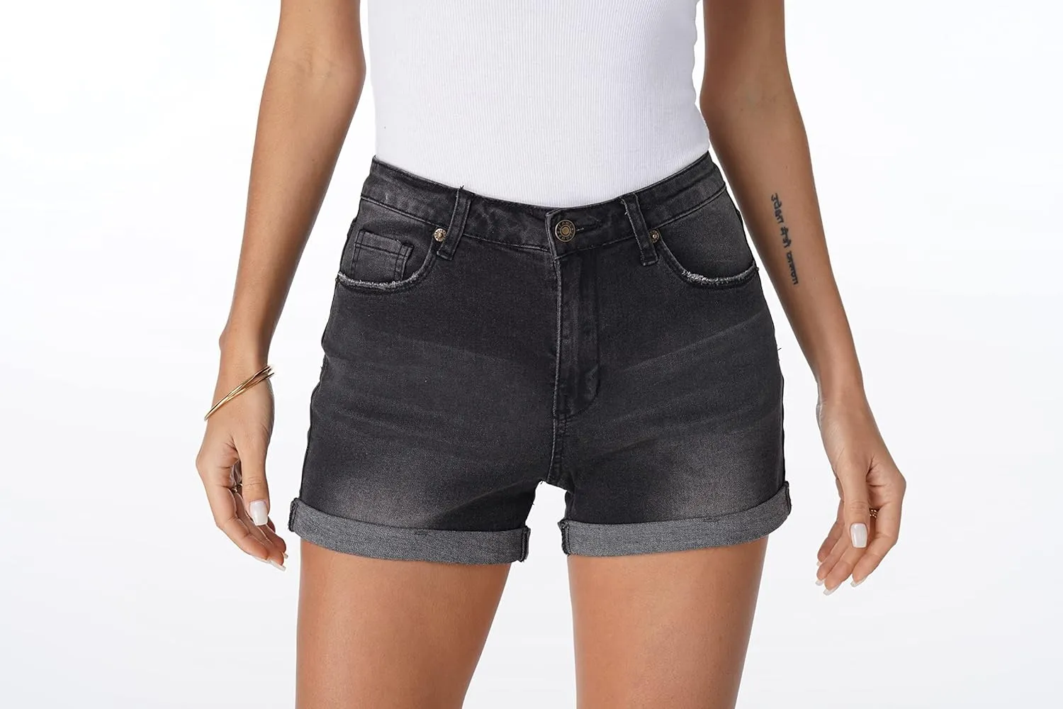 LookbookStore Women's High Waisted Rolled Hem Distressed Jeans Ripped Denim Shorts