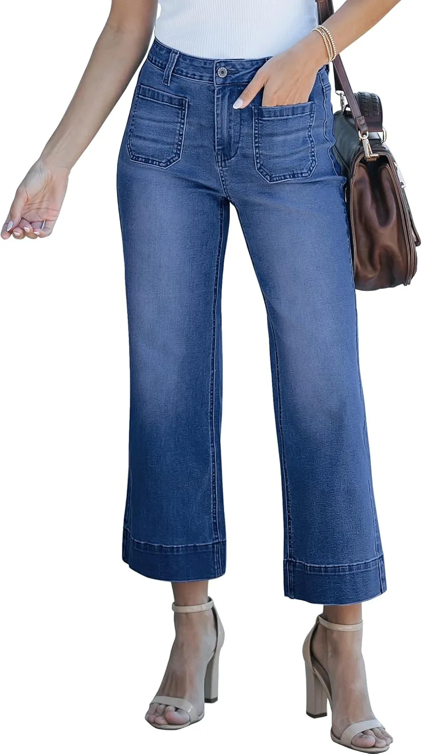 luvamia Wide Leg Jeans for Women Trendy High Waisted Flare Jeans Cropped Denim Pants Stretchy Baggy with Patch Pockets