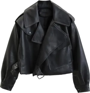 LY VAREY LIN Women Black Faux Leather Jackets Casual Short Oversized Coat Asymmetrical Motor Biker Jacket