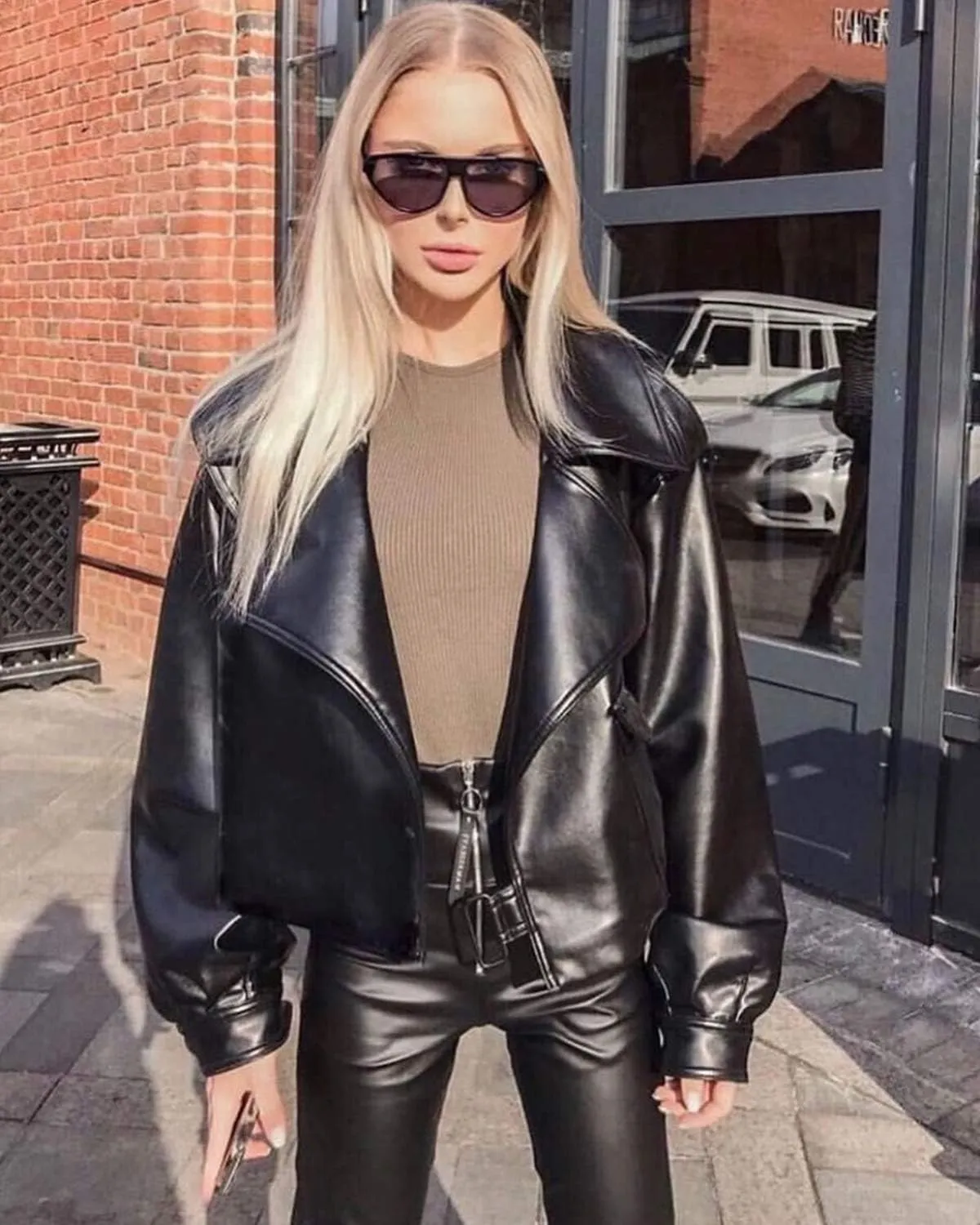 LY VAREY LIN Women Black Faux Leather Jackets Casual Short Oversized Coat Asymmetrical Motor Biker Jacket