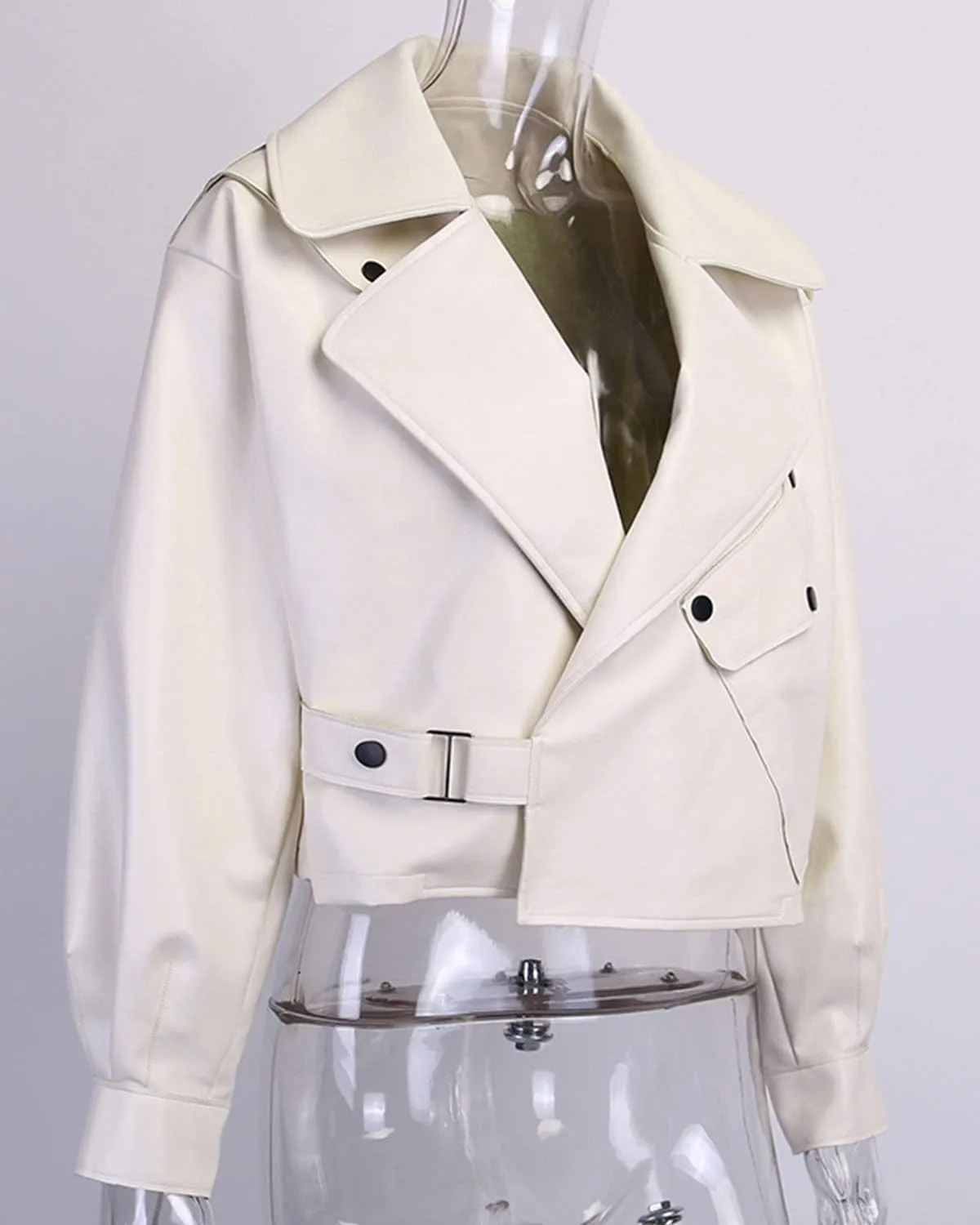 LY VAREY LIN Women Black Faux Leather Jackets Casual Short Oversized Coat Asymmetrical Motor Biker Jacket