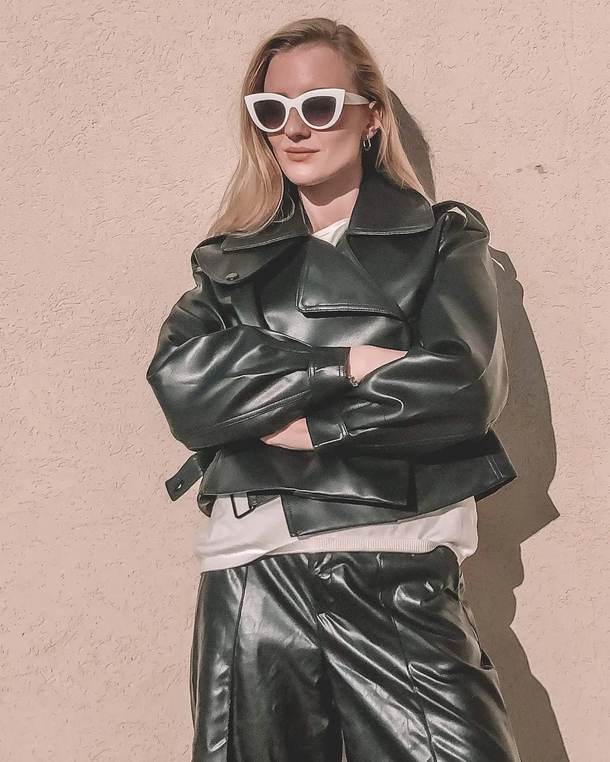 LY VAREY LIN Women Black Faux Leather Jackets Casual Short Oversized Coat Asymmetrical Motor Biker Jacket