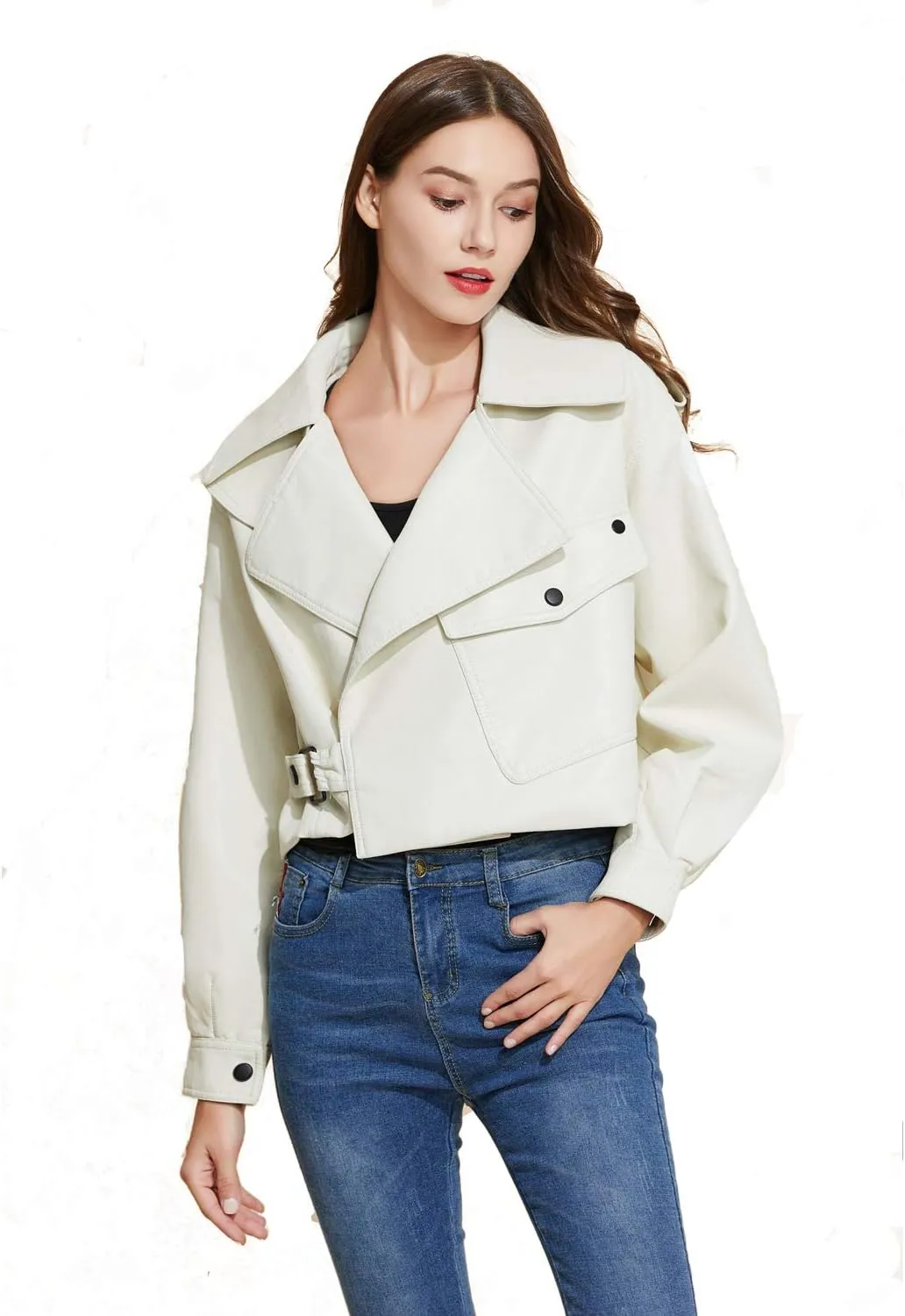 LY VAREY LIN Women Black Faux Leather Jackets Casual Short Oversized Coat Asymmetrical Motor Biker Jacket