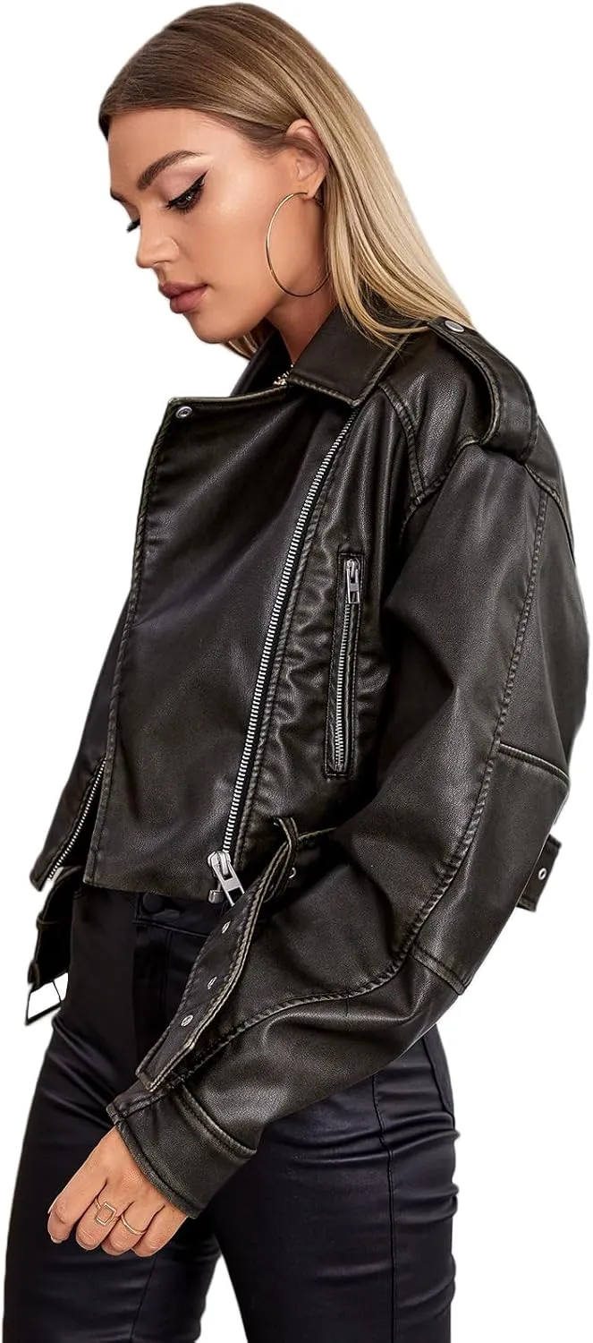 LY VAREY LIN Women Faux Leather Cropped Jacket Lapel Zipper Biker Short Coat with Belt