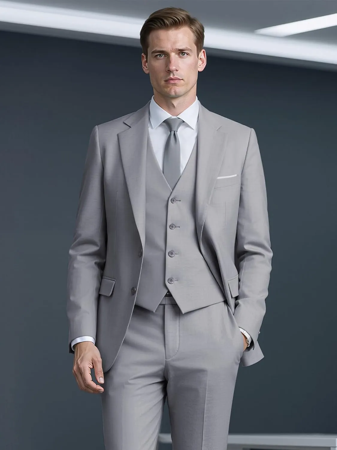 MAGE MALE Mens 3 Piece Slim Fit Suits Tuxedo Suit Set Prom Wedding Suits Two Button Blazer Jacket Vest Pants with Tie