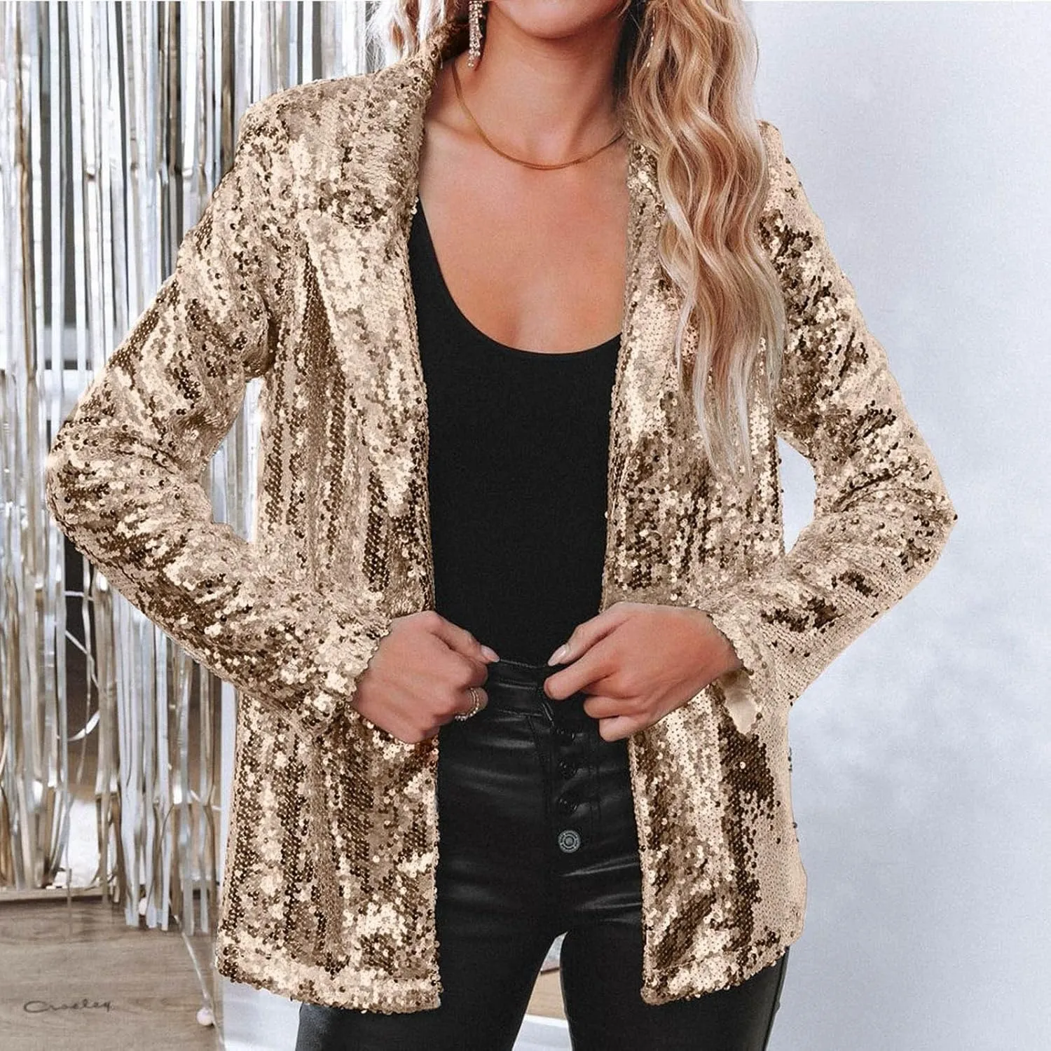 Mardi Gras Sequin Jackets for Women Lightweight Loose Long Sleeve Sparkly Blazer Dressy Casual Glitter Holiday Suit Blazers
